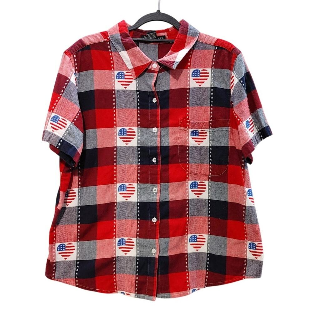 Just Class American Flag Heart Button Up Short Sleeve Shirt Red Womens XL